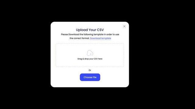 CSV file upload concept. Drag and drop area and file selection option. Data import, file upload, and spreadsheet integration. 2D motion graphics in 4K resolution with alpha channel.