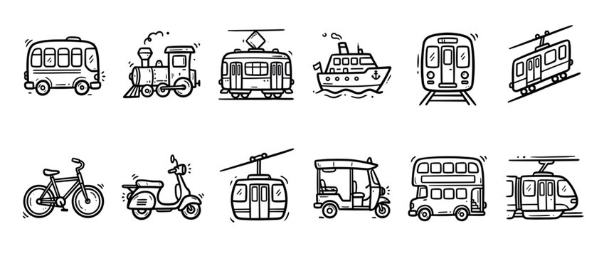 Collection of hand-drawn transportation icons in a cute black and white doodle style, featuring a bus, train, ship, tram, bicycle, scooter, and other public transit vehicles