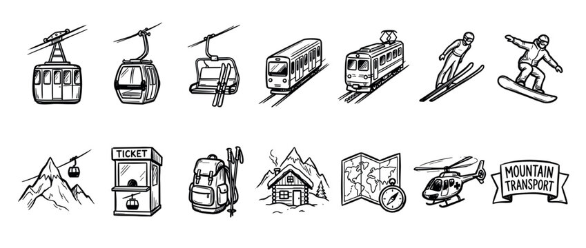 Hand-drawn mountain transport and winter sport icons including a cable car, chairlift, tram, skier, and snowboarder in a black and white doodle sketch illustration set