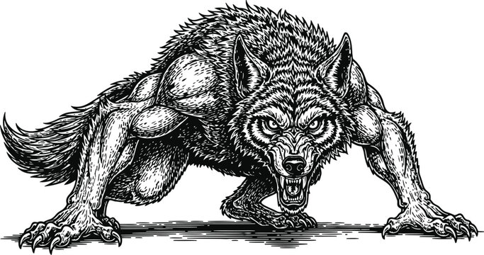 Aggressive wolf creature in a menacing crouch with detailed fur and sharp teeth rendered in a bold illustrative style
