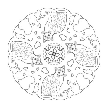 Mandala Coloring Page. Cute Cat and Hearts.