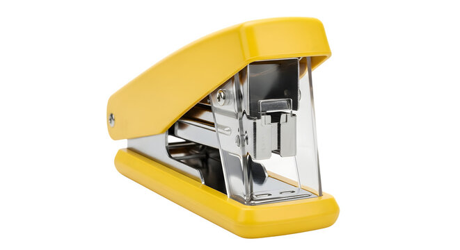 A yellow metal stapler sits on a surface with its lid open.