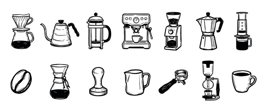 Various hand-drawn coffee making equipment and accessories are depicted in a simple, illustrative, black and white style, showcasing different brewing methods and tools