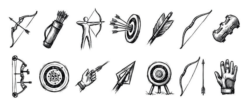 Hand-drawn archery equipment icon set featuring bows, arrows, targets, and a quiver in a detailed black and white sketch style illustration for sport or hunting concepts