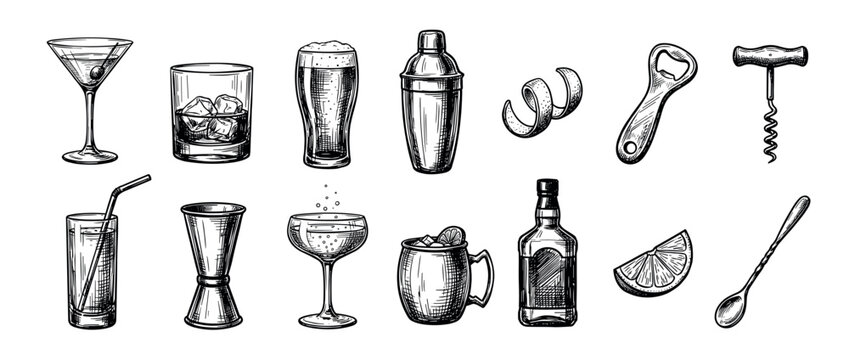 Hand-drawn collection of vintage bar tools and cocktail glasses including a shaker, jigger, corkscrew, and drinks like a martini, whiskey, and beer in a retro sketch style