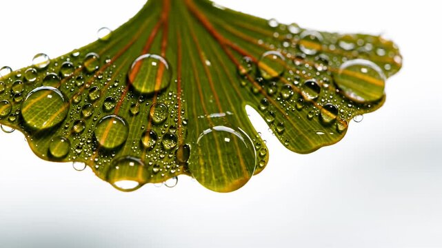 Close up of water droplets on green ginkgo leaf