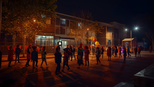 Children's evening gathering outside school with balloons and lights