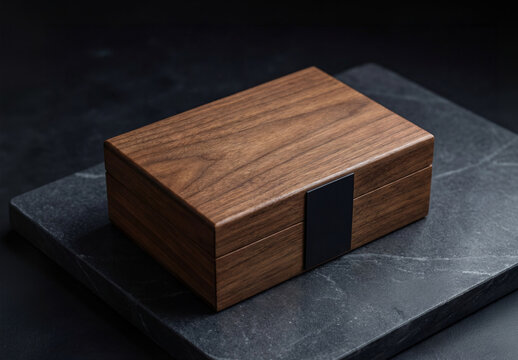 Clean and smooth dark wood box in empty dark interior for a logo Mockup. Generative ai