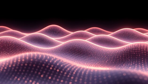 A vibrant digital landscape of glowing pink waves on a black background, representing data visualization and futuristic technology