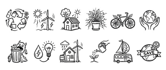 Fototapeta premium This collection of eco-friendly hand-drawn doodle icons illustrates various concepts of environmental protection, sustainability, and renewable energy, presented in a charming, illustrative style