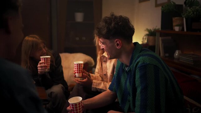 Young Man Cheers With Friends. Joyful Young Person Toasting With Friends In Warm Setting