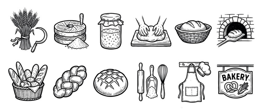 Vintage black and white bakery icon set featuring bread, wheat, flour, dough, oven, and baking tools in a detailed hand-drawn engraving illustration style
