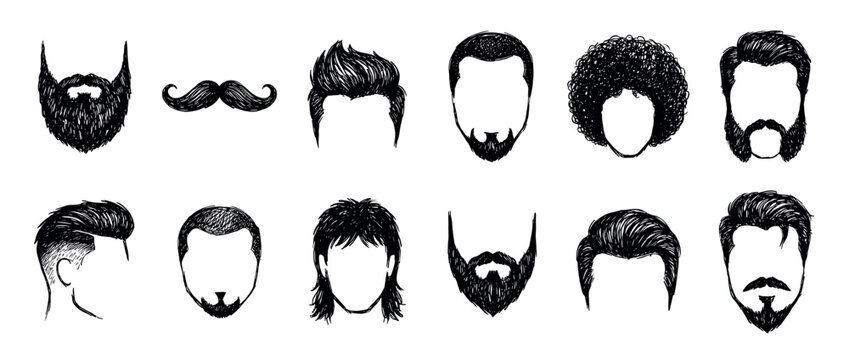 Hand-drawn men's hairstyles, beards, and mustaches in a black and white sketch style, showcasing a diverse collection of masculine grooming and fashion trends for a barbershop