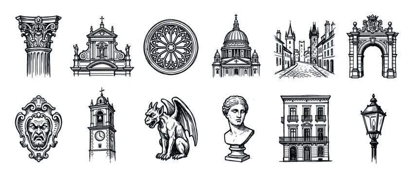 Collection of vintage European architectural sketches featuring a column, cathedral, gargoyle, and classical bust in a detailed black and white hand-drawn ink style