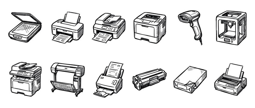 Hand-drawn set of office equipment icons including various printers, a scanner, and a plotter in a black and white sketch style, representing business and technology concepts