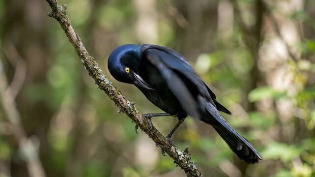 Detailed close portrait of an adult common grackle perched quietly on a slender branch, glossy dark plumage with subtle iridescence, alert eye and fine feather structure set against a softly blurred