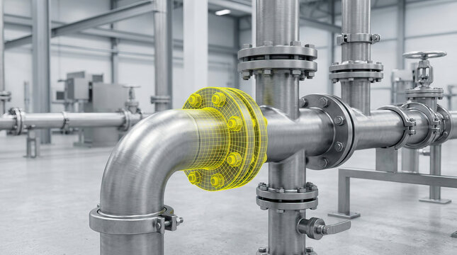 Pipe joint flange pipeline stainless steel industrial factory valve fitting engineering Industrial pipe joint flange stainless steel pipeline factory, clean modern production plant with valves