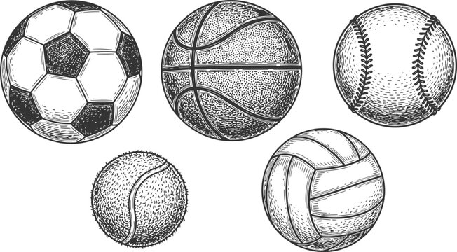Assortment of five distinct sports balls arranged in a staggered cluster with detailed linework