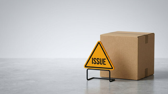 Cardboard box issue sign warning sign caution sign package delivery box Cardboard box with issue warning sign metal stand near package gray floor, shipment problem concept with copy space
