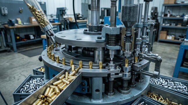 Medium shot of highspeed progressive loading machine efficiently seating primers and powder for pistols showcasing precise synchronization in ammunition assembly.