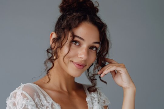 Young caucasian female bride portrait smiling curly hair lace dress closeup beauty expression natural makeup romantic elegance