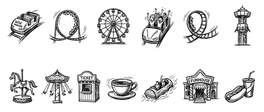 Diverse collection of hand-drawn amusement park icons and carnival attractions, featuring various rides, a ticket booth, and classic fair food, rendered in a playful sketch style