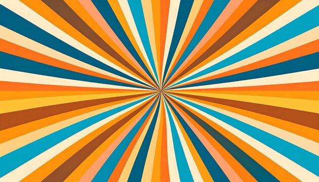 Retro burst orange, tan, brown, and teal rays emanating from a central point, creating an energetic pattern