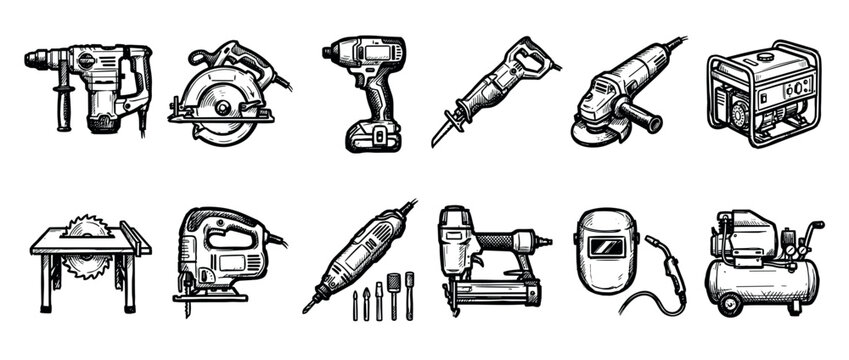 Various hand-drawn power tools and construction equipment are neatly arranged, showcasing a detailed sketch art style with strong black lines and a classic, industrial feel