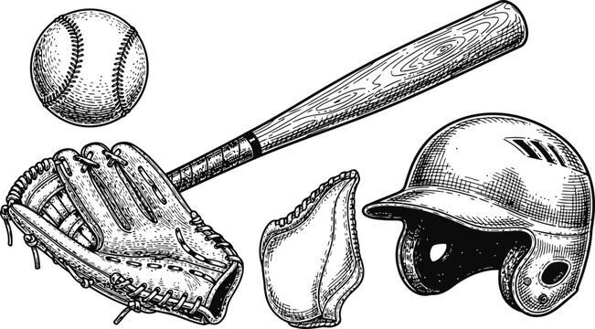 Baseball equipment including bat glove ball helmet and catcher's mask in vintage engraving style