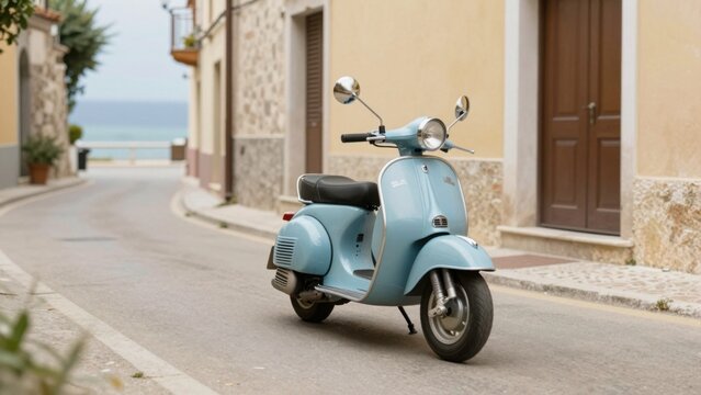 Light blue vintage scooter parked idle on coastal village street