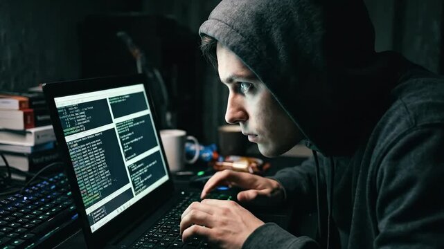 Person using laptop in dark office suggesting cyber activity, glowing screen and moody lighting, suspenseful atmosphere, shot on Canon EOS R5,no logos