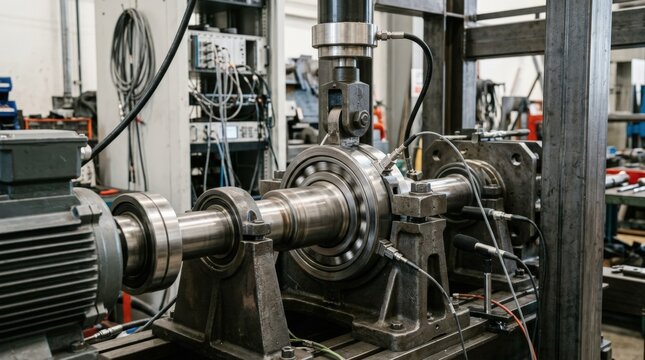 Medium shot of a test bench analyzing bearing noise and vibration with radial load applied highlighting mechanical components under dynamic stress conditions.