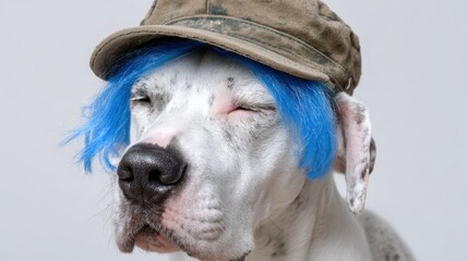 Obraz premium White dog wearing blue wig and green hat with closed eyes