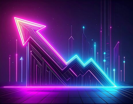 Neon arrow rises above city skyline on a gridded plane