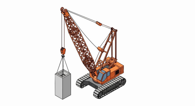 Isometric illustration of an orange crawler crane lifting a heavy concrete block on a construction site. High-quality industrial vector graphics for building and engineering.