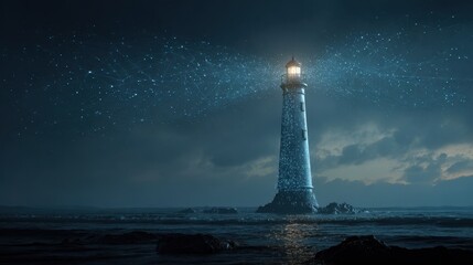 Futuristic lighthouse emitting digital light particles into starry night sky over ocean © Pixelzone
