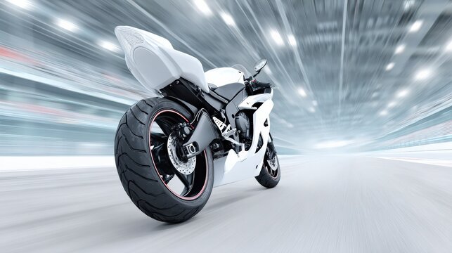 Sport motorcycle accelerating on blurred urban roadway at speed