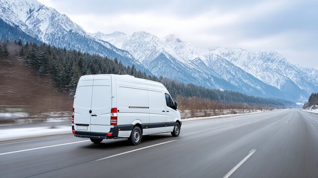 White van traveling on snowy mountain highway road