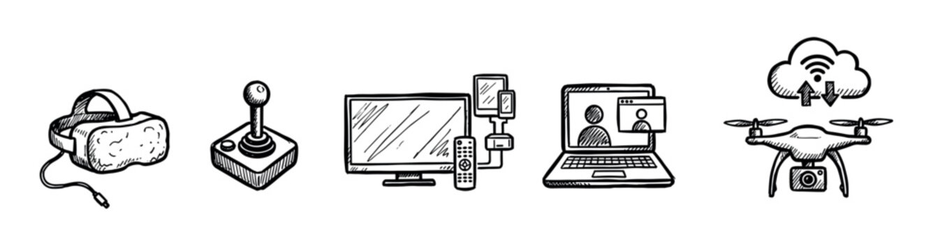 Collection of hand-drawn technology icons illustrates modern digital devices like VR headsets, joysticks, smart TVs, laptops, and drones with cloud connectivity, rendered in a playful doodle style