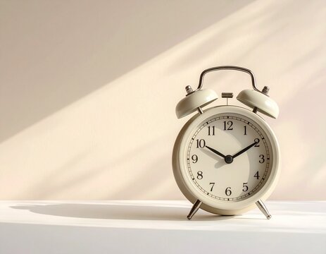 Mockup de un reloj despertador de campanas sobre fondo neutro, iluminaci&oacute;n suave, estilo minimalista, espacio en blanco para dise&ntilde;o personalizado