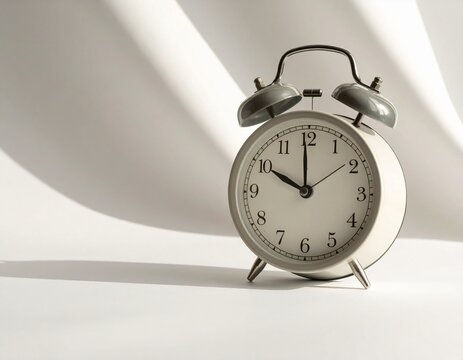 Mockup de un reloj despertador de campanas sobre fondo neutro, iluminaci&oacute;n suave, estilo minimalista, espacio en blanco para dise&ntilde;o personalizado