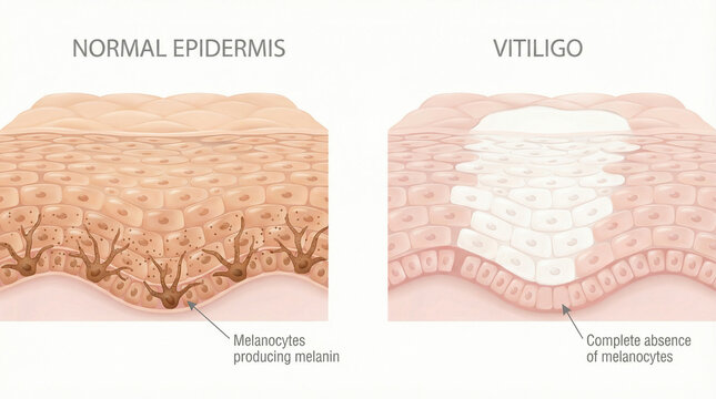3D Medical Illustration of Vitiligo Skin Condition Compared to Normal Epidermis