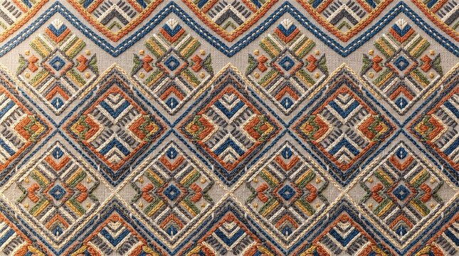 Hand embroidered ethnic geometric pattern on fabric