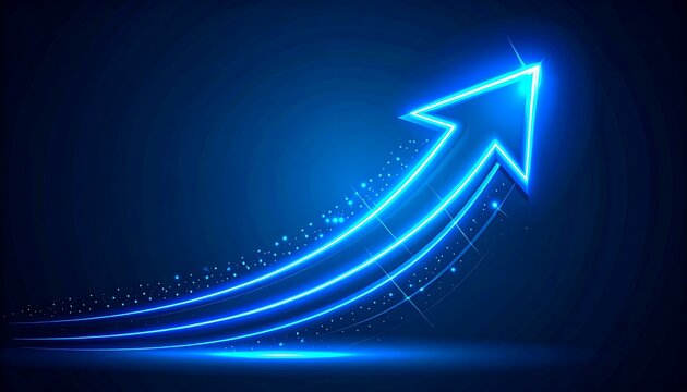 Blue glowing upward arrow with trail, suggesting growth and direction on a dark background