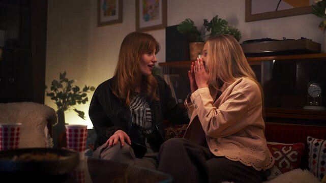 Two female friends sharing exciting news at home, reacting with joy, surprise, and a warm embrace. Indoor moment capturing happiness.