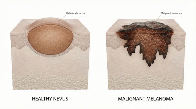 Cross-Section Anatomy of Melanocytic Nevus and Malignant Melanoma Tumor
