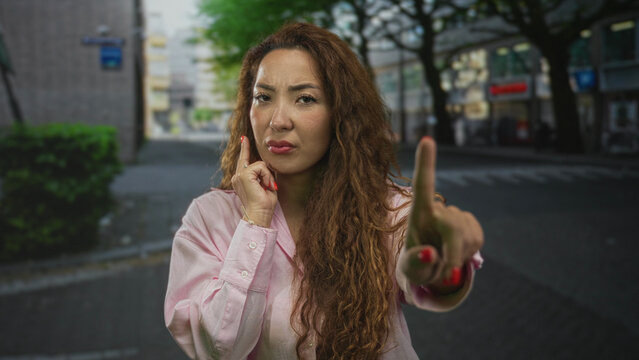 Woman points index finger and touches cheek on street near trees and storefronts, forward admonishing gesture; skepticism.