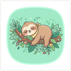 Obraz premium Cute sloth sleeping peacefully on a tree branch surrounded by lush green leaves and flowers with cute animal sleeping peaceful wildlife