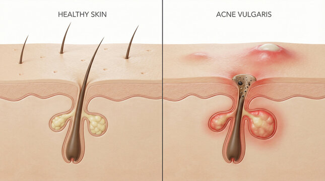 3D Cross-Section of Skin Pore and Acne Vulgaris Inflamed Pustule
