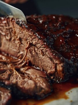 Juicy slow-cooked beef brisket with a rich barbecue glaze being sliced